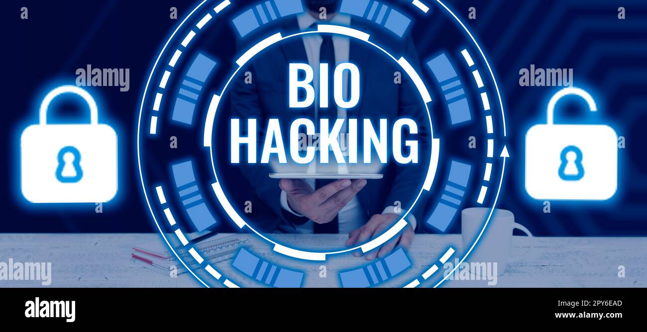 Konzeptionelle Überschrift Bio Hacking. Konzeptionelle Fotoausbeutung genetischen Materials experimentell ohne Berücksichtigung ethischer Standards Stockfoto