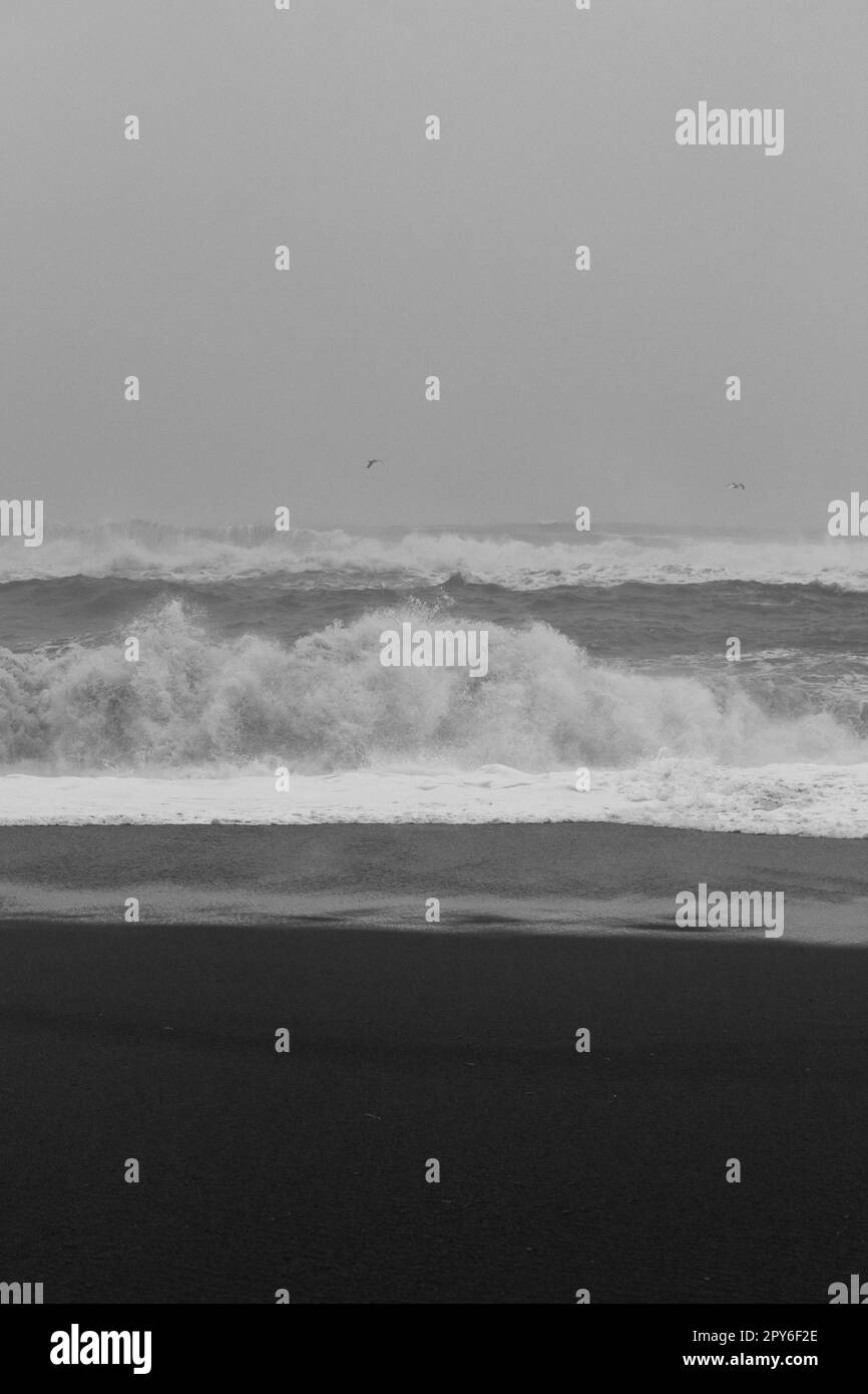 Schäumende Wellen am Strand, einfarbiges Landschaftsfoto Stockfoto