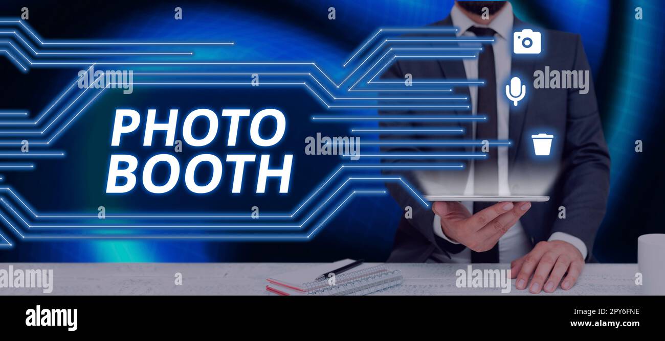 Handschriftliches Schild mit Foto-Stand. Konzeptionelle Fotoform zur Weitergabe und Veröffentlichung von Fotos im Format eines Blogs Stockfoto