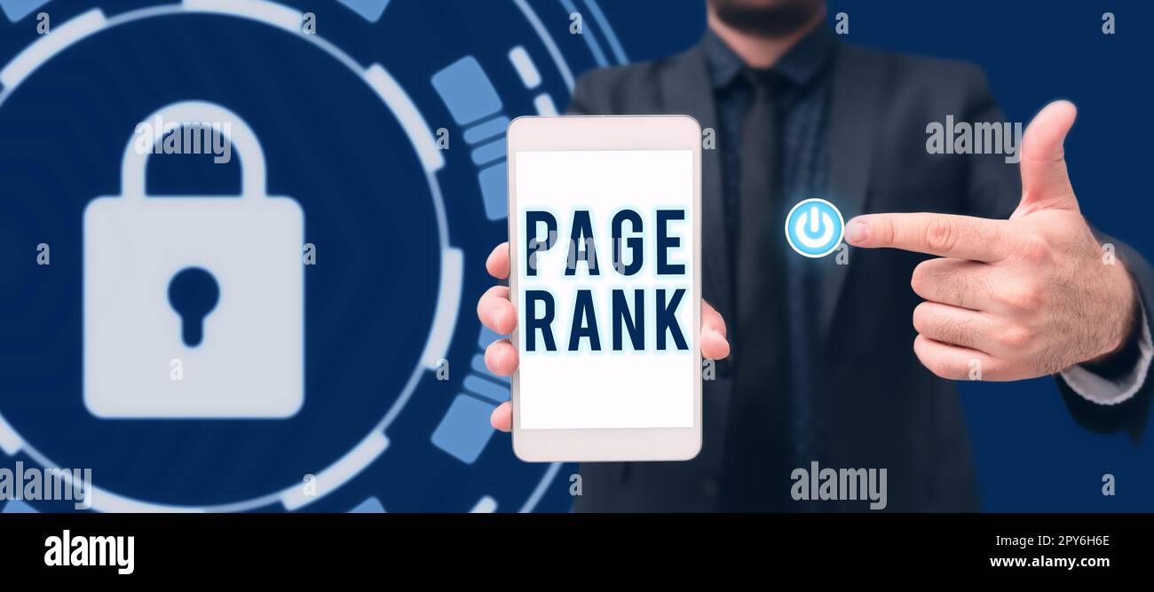 Inspiration mit Seitenrangfolge der Schilder. Geschäftsidee ein Wert, der einer Webseite als Maß für ihre Beliebtheit zugewiesen wird Stockfoto