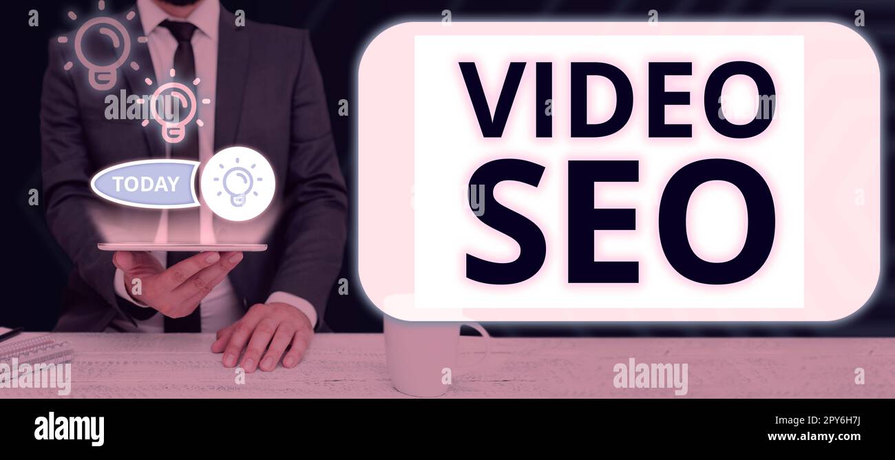 Textzeichen mit Video Seo. Wort für den Prozess zur Verbesserung der Platzierung oder Sichtbarkeit eines Videos Stockfoto