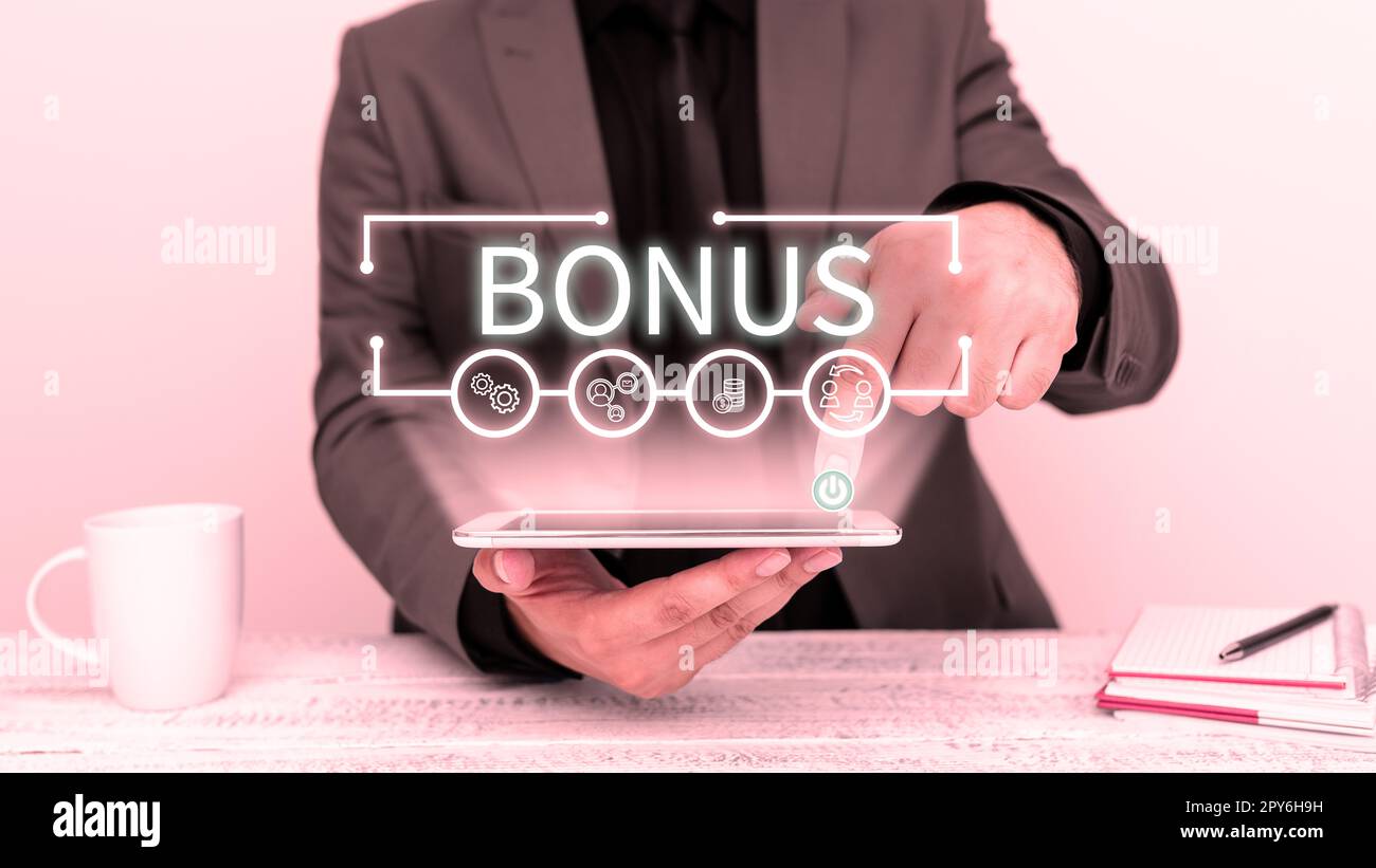 Handgeschriebenes Schild Bonus. Unternehmensübersicht Belohnung für gute Leistung zusätzliche Dividende und Geld zu den Löhnen hinzugefügt Stockfoto