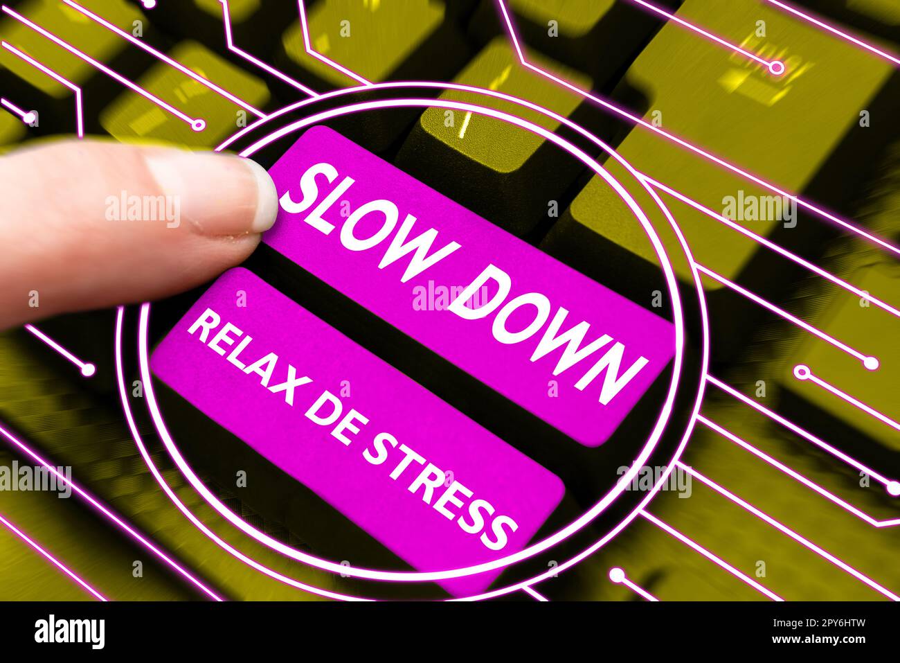 Handgeschriebener Text langsamer Relax De Stress. Geschäftsidee Pause Stress reduzieren Ruhe bewahren Stockfoto