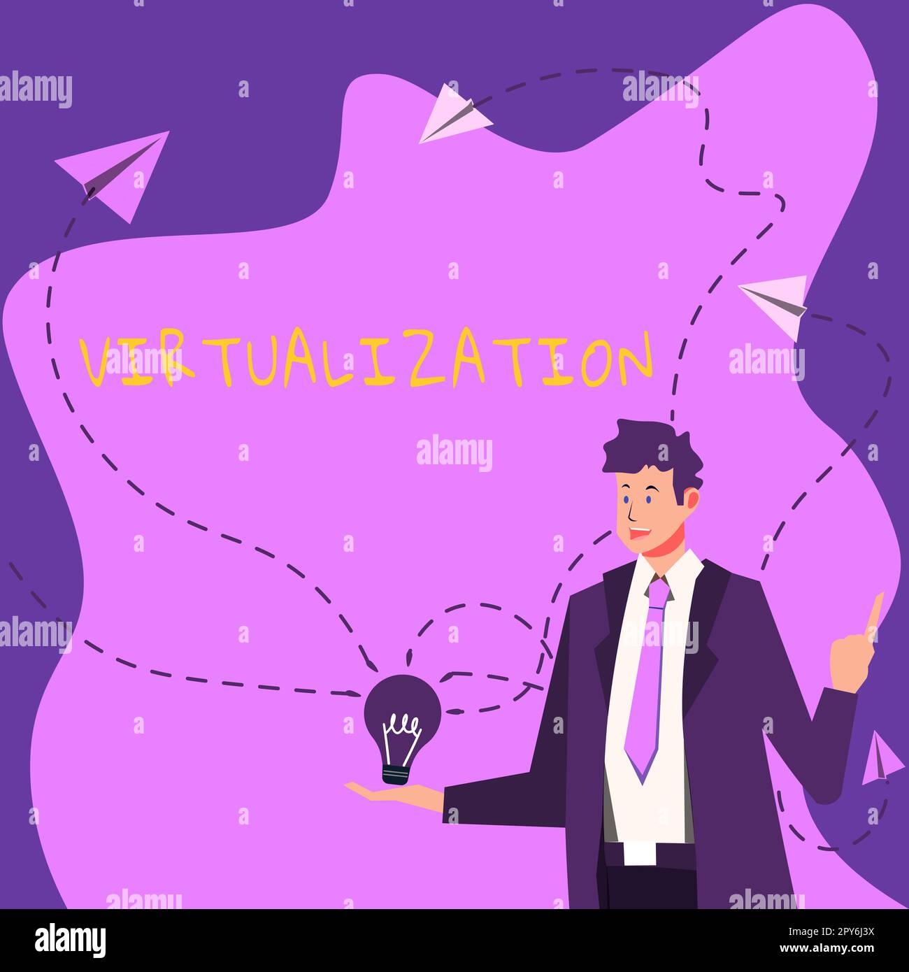 Handschriftliches Schild Virtualisierung. Geschäftsidee Anwendung virtueller Umgebungen auf Computerspiele Stockfoto