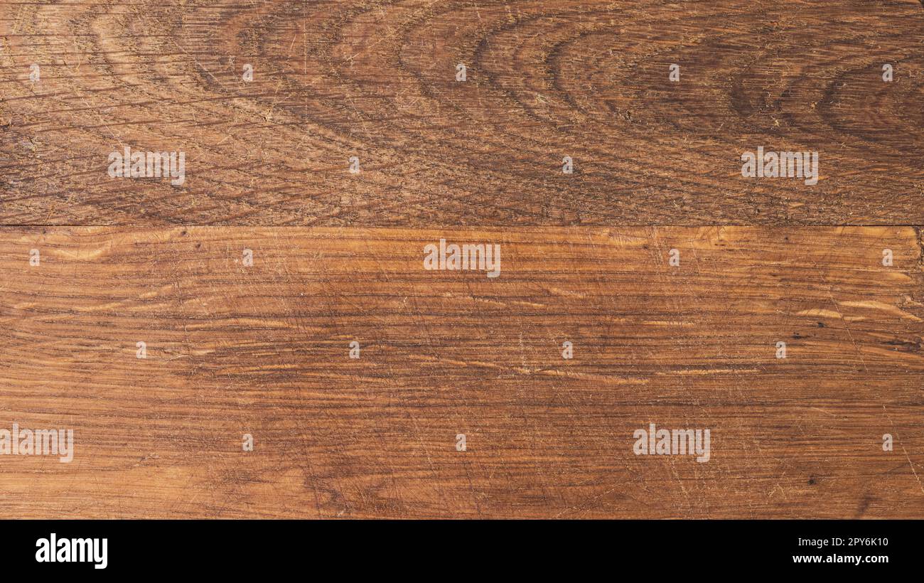 Textur eines alten braunen Holzbretts mit Kratzern, Eichenholz Stockfoto