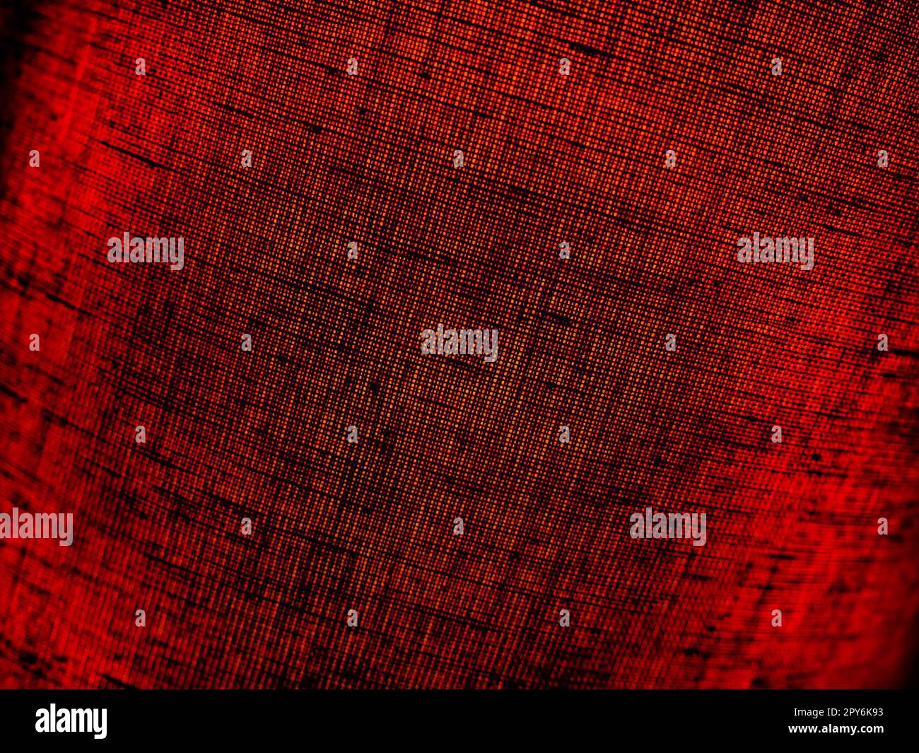 Roter abstrakter Hintergrund aus Stoff. Makrobild. Weben von hahnfarbenen Gruben mit schwarzen Schatten und Vignetten. Hintergrund für Weihnachten, Neujahr, Valentinstag Stockfoto