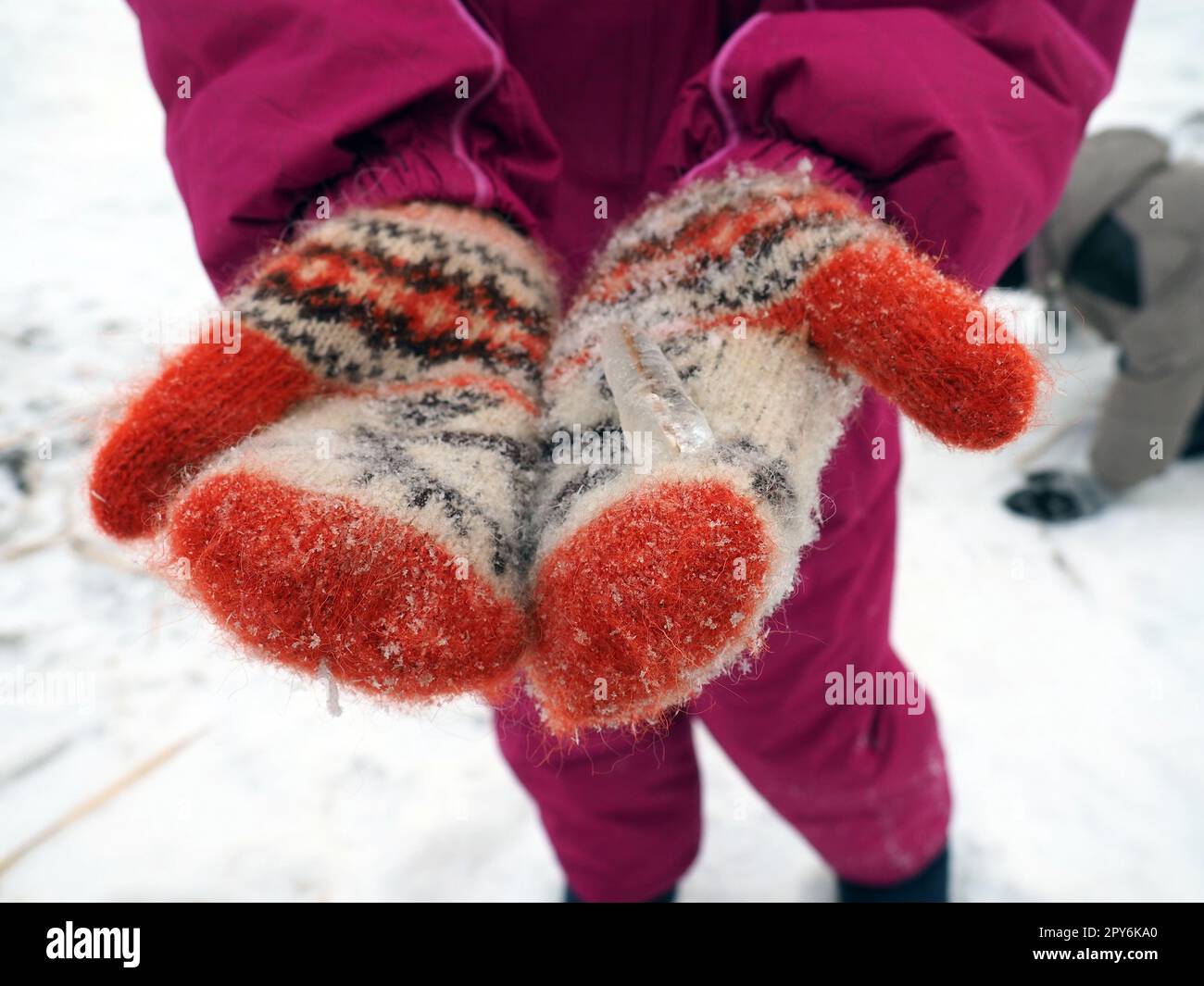 Eis auf Fäustlingen oder Handschuhen. Kinderhände halten einen gefrorenen Strohhalm in den Handflächen. Rote gestrickte Winterhandschuhe mit Schneeflocken. Die Winterferien. Weihnachtsspaß. Winterzeit am Nachmittag Stockfoto