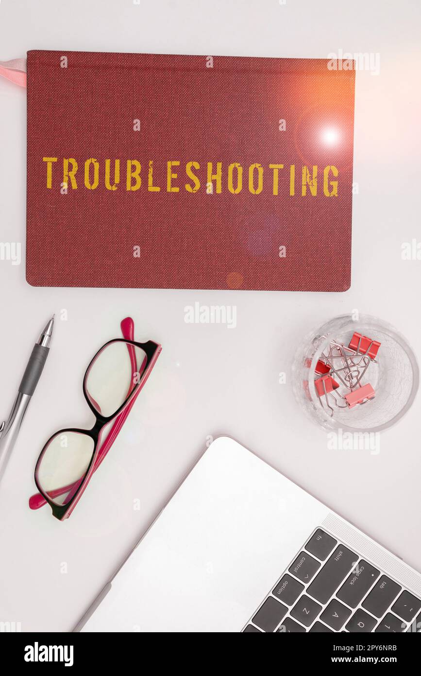 Text zur Fehlerbehebung bei Inspiration. Business Showcase eine Untersuchung oder Bearbeitung der Probleme ist aufgetreten Stockfoto