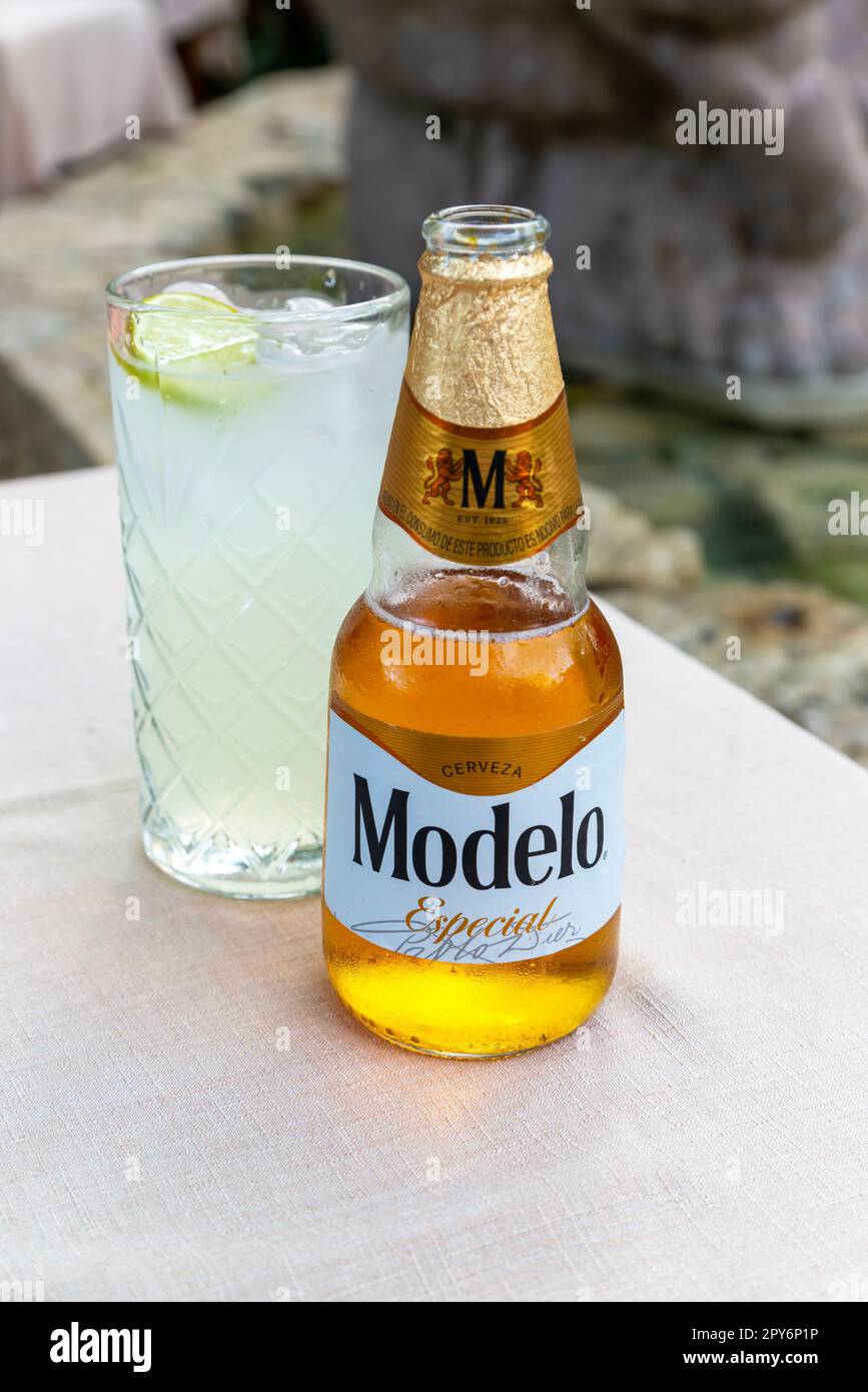 Flasche Modelo Especial Cerveza Bier und Mojito im Glas auf dem Tisch, Valladolid, Yucatan, Mexiko Stockfoto