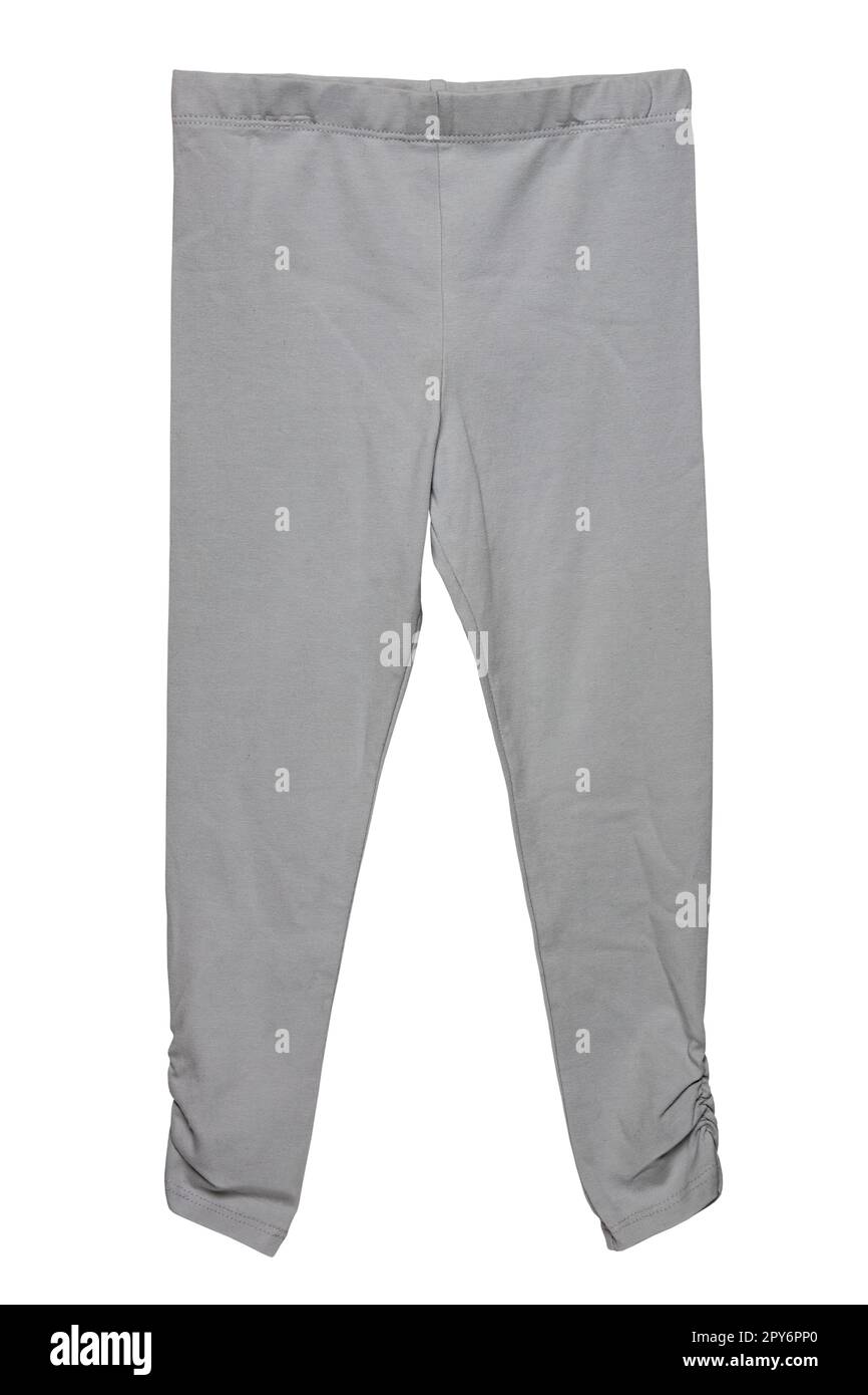 Kinderhosen isoliert. Elegante graue Hosen oder Jogginghosen für Kinder, isoliert auf weißem Hintergrund. Beschneidungspfad. Sportliche Baumwolle für Kinder. Stockfoto