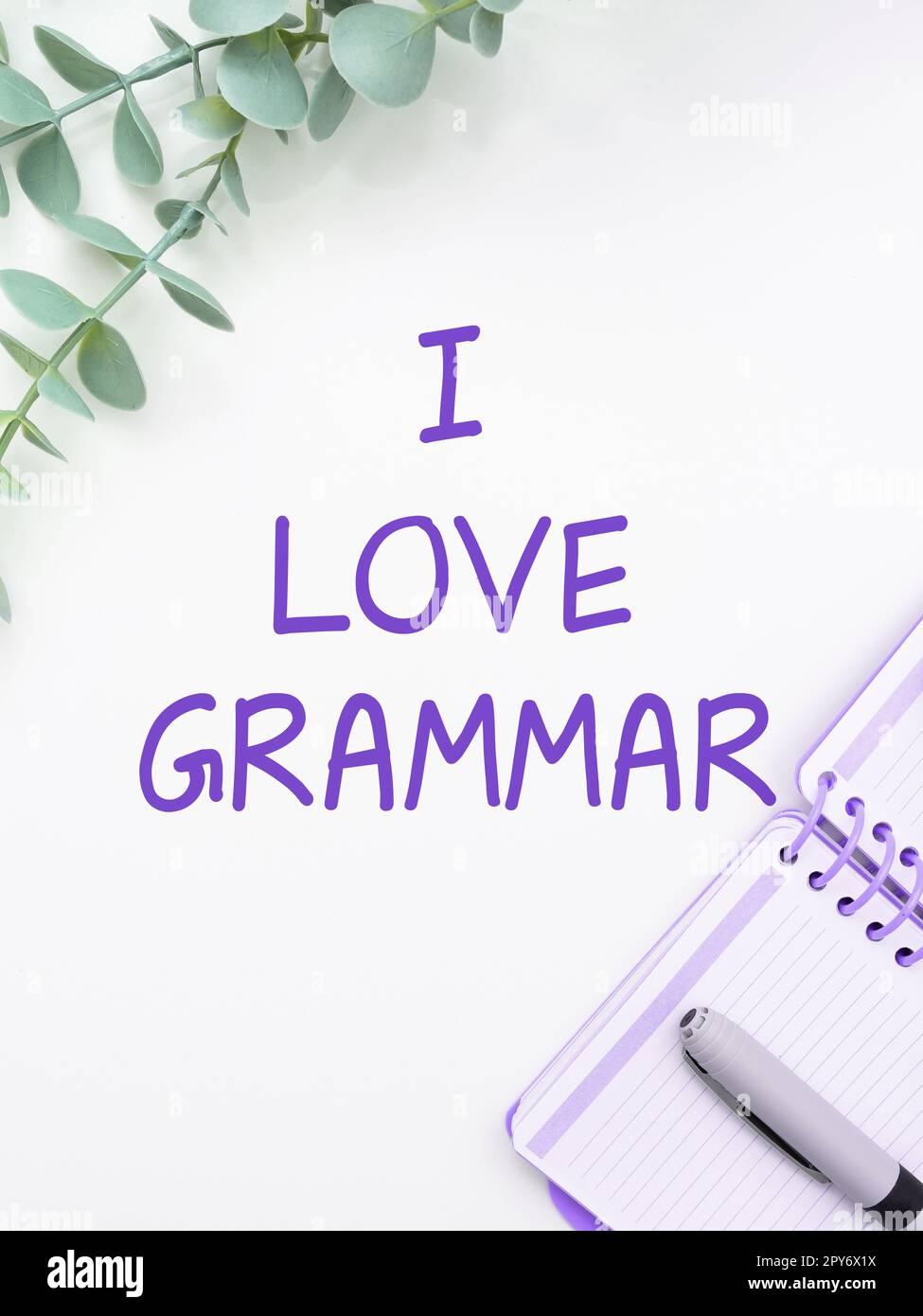 Schreiben mit Text „I Love Grammar“. Begriffliche Bedeutung des Bewunderungssystems und der Sprachstruktur Stockfoto