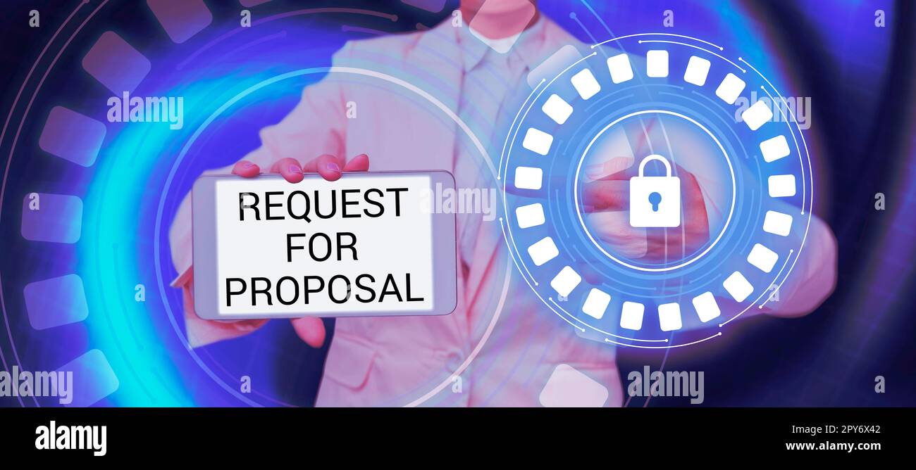 Konzeptioneller Titel „Request for Proposal“ (Angebotsanfrage). Konzept, das bedeutet, dass das Dokument ein Ausschreibungsverfahren nach Agentur oder Unternehmen enthält Stockfoto