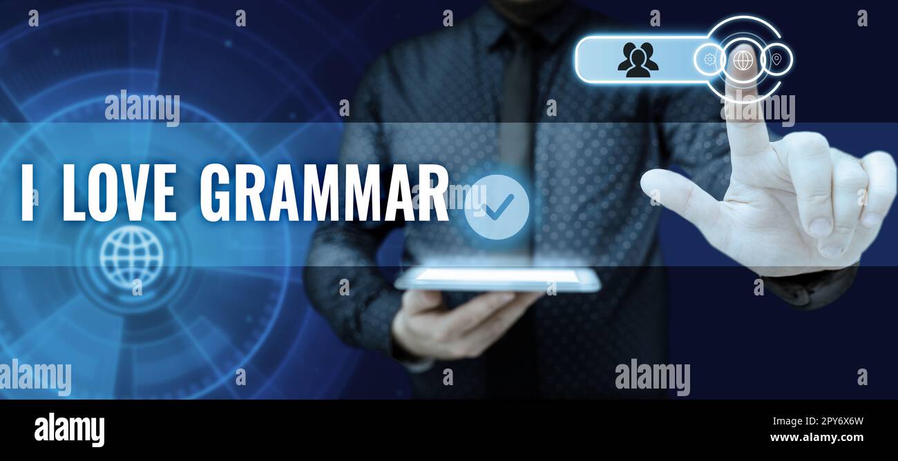 Konzeptionelle Darstellung Ich liebe Grammatik. Begriffliche Bedeutung des Bewunderungssystems und der Sprachstruktur Stockfoto