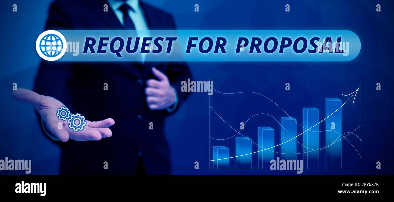 Unterschreiben Sie mit der Vorschlagsanforderung. Das Internet-Konzeptdokument enthält einen Ausschreibungsprozess nach Agentur oder Unternehmen Stockfoto