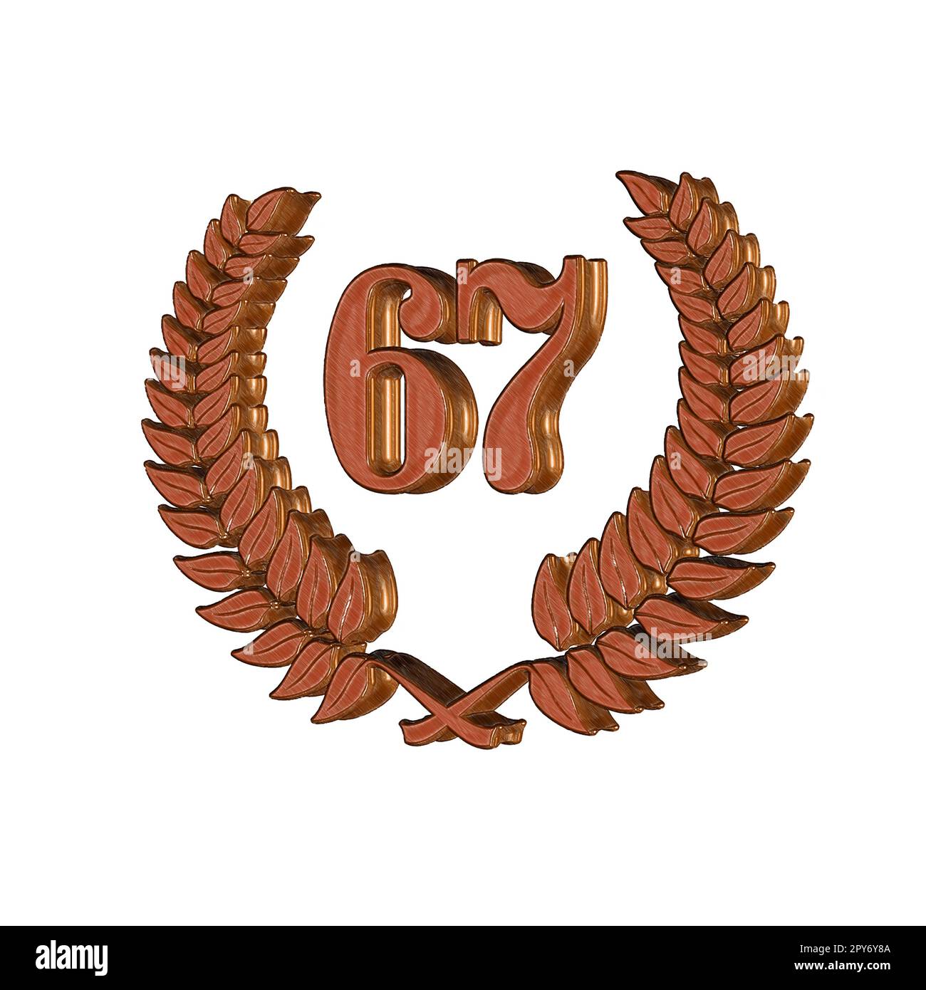 Nummer 67 mit Lorbeerkranz oder Ehrenkranz als 3D-Illustration, 3D-Darstellung Stockfoto