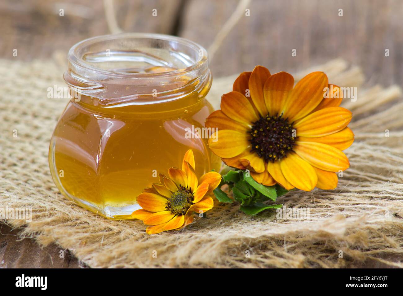 Honig und Blumen auf Holzhintergrund Stockfoto