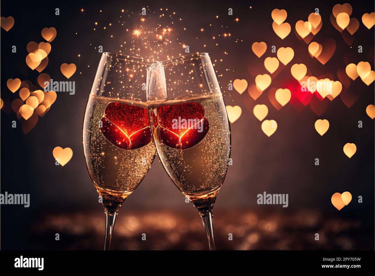 Ein Glas Champagner mit Glitzer und Herz-Bokeh. Stockfoto