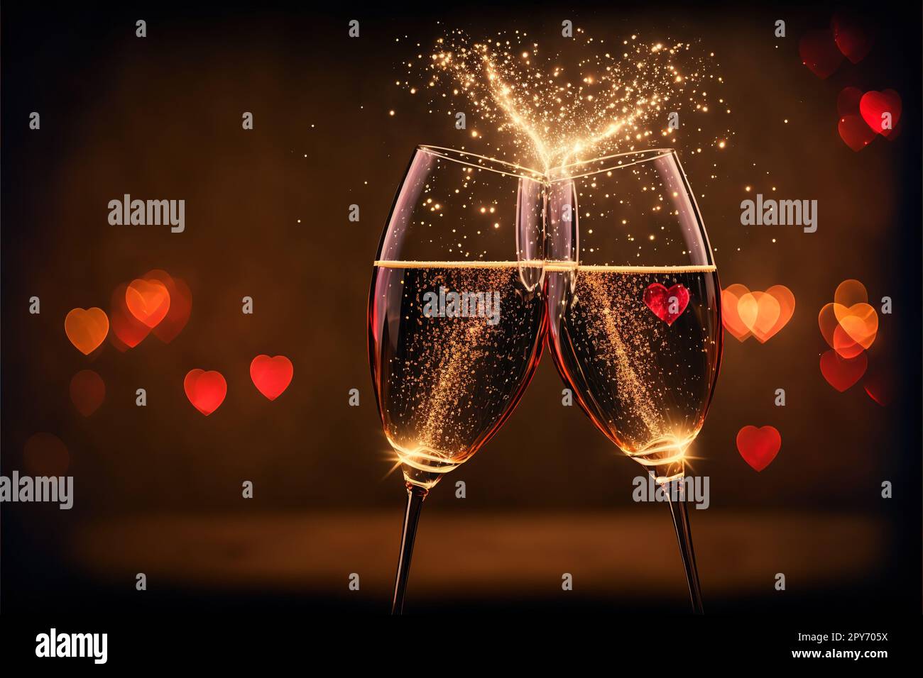 Ein Glas Champagner mit Glitzer und Herz-Bokeh Stockfoto