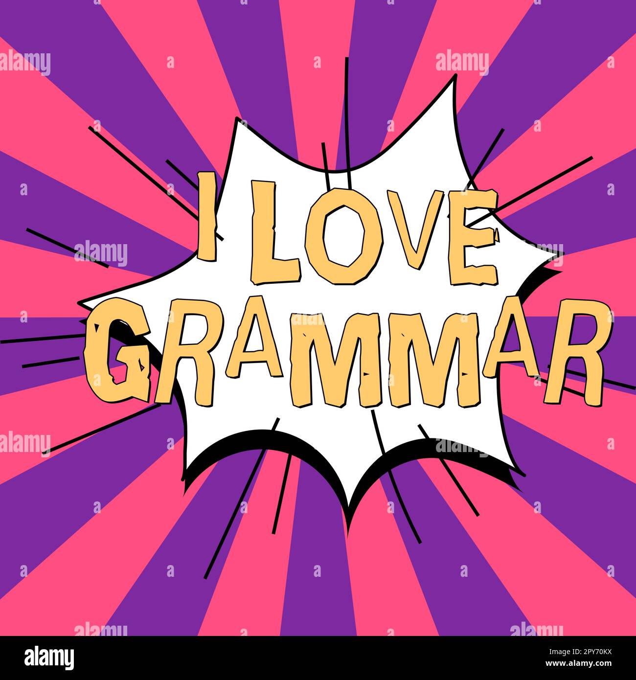 Zeichen, das die Grammatik „Ich liebe“ anzeigt. Wort für Akt der Bewunderung des Systems und der Struktur der Sprache Stockfoto