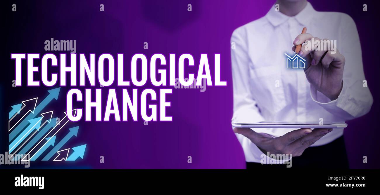 Vorzeichen, das technologische Änderungen anzeigt. Geschäftsüberblick Steigerung der Effizienz eines Produkts oder Prozesses Stockfoto