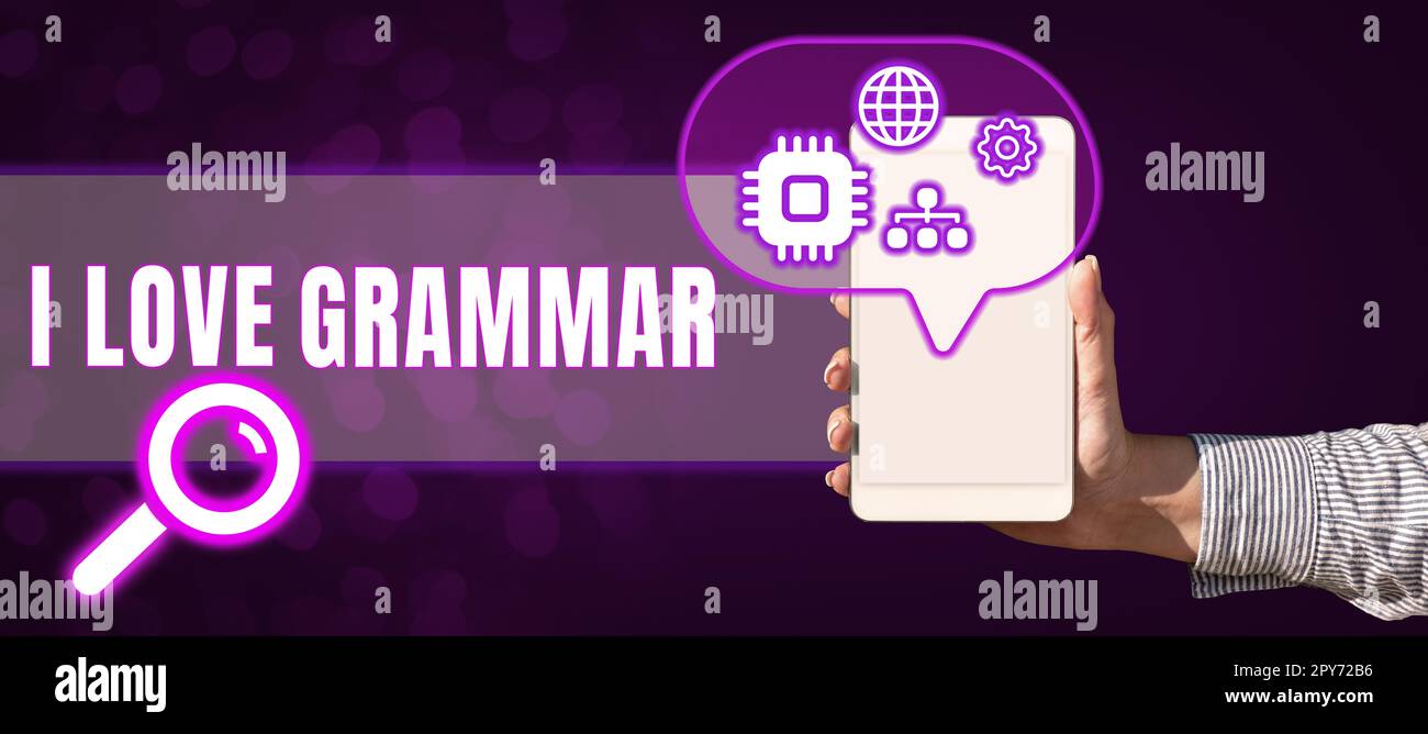 Ein Schild mit der Aufschrift „I Love Grammar“. Unternehmerische Ideenakte der Bewunderung von System und Sprachstruktur Stockfoto