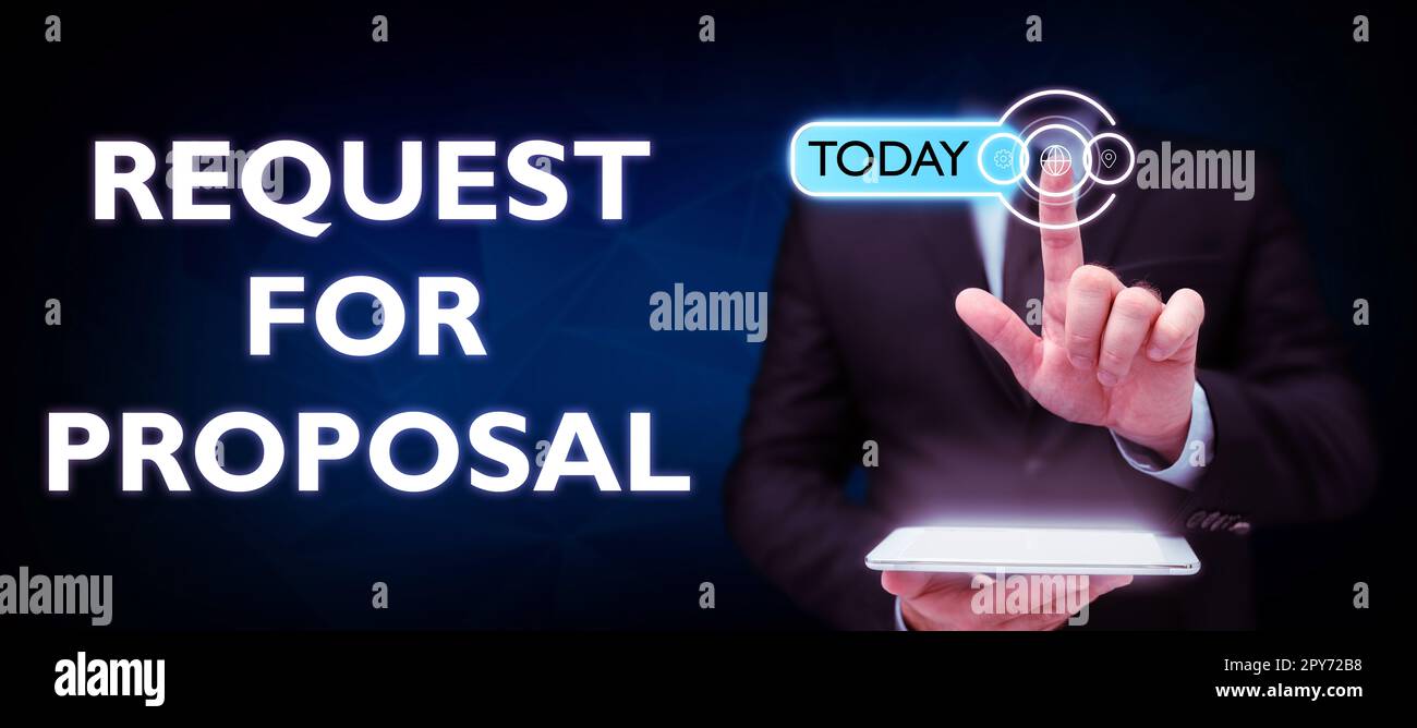 Schreiben mit Anzeige des Texts „Request for Proposal“. Das Dokument mit der Geschäftsübersicht enthält einen Ausschreibungsprozess nach Agentur oder Unternehmen Stockfoto