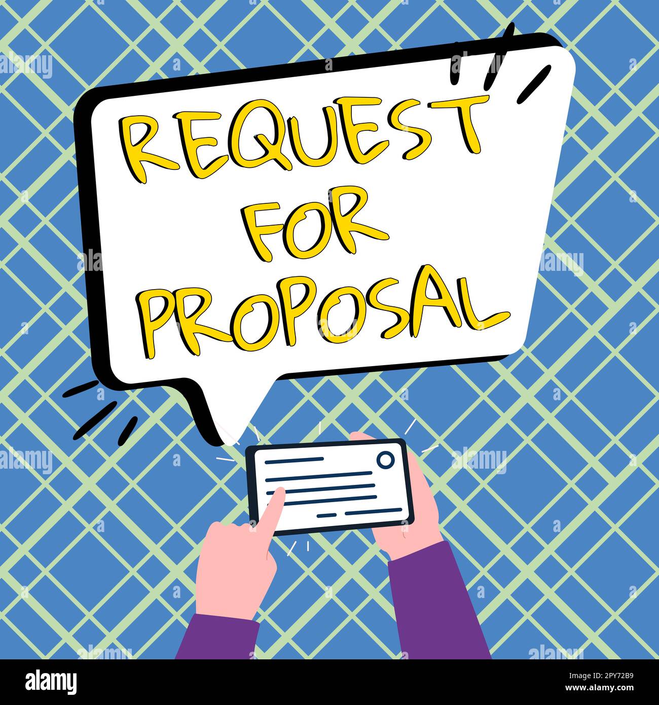 Konzeptioneller Titel „Request for Proposal“ (Angebotsanfrage). Das Dokument für Geschäftsbeispiele enthält einen Ausschreibungsprozess nach Agentur oder Unternehmen Stockfoto