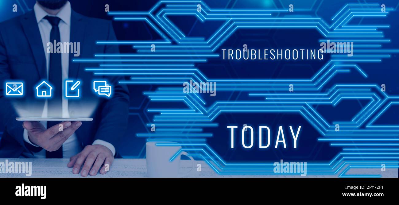 Schild zeigt Fehlerbehebung an. Geschäftsüberblick eine Untersuchung oder Behandlung der Probleme ist aufgetreten Stockfoto