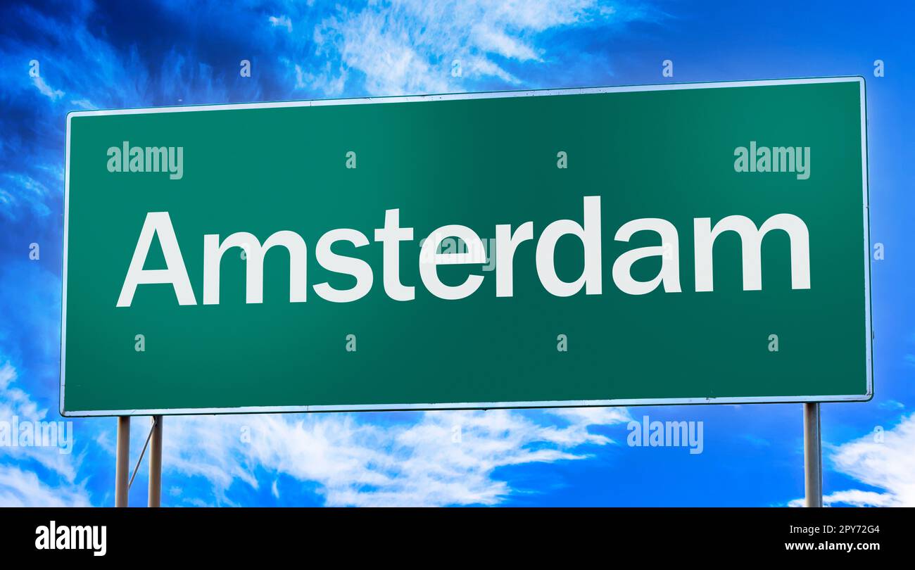 Straßenschild mit Hinweis auf den Eingang zur Stadt Amsterdam Stockfoto