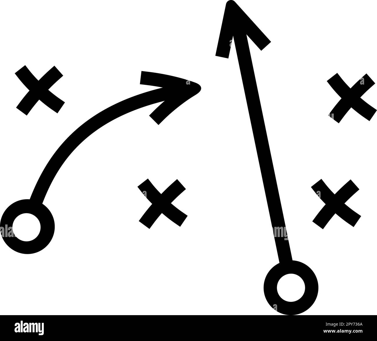 Lineares Symbol von Strategiepfeilen und Kreuzen als taktisches Konzept Stock Vektor