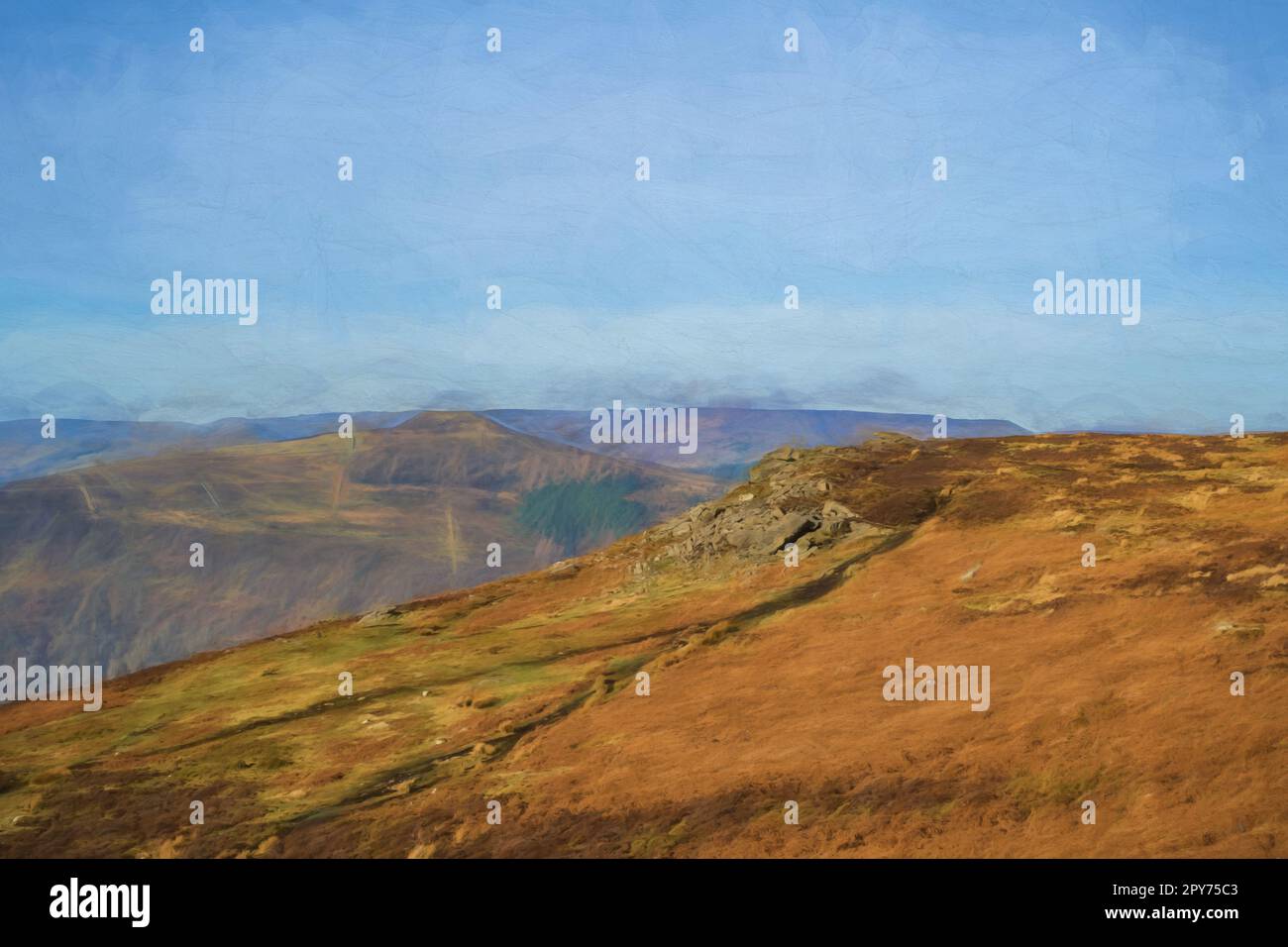 Digitale Ölgemälde eines Bamford Edge bei Sonnenaufgang auf Win Hill im Peak District National Park, England, Großbritannien Stockfoto