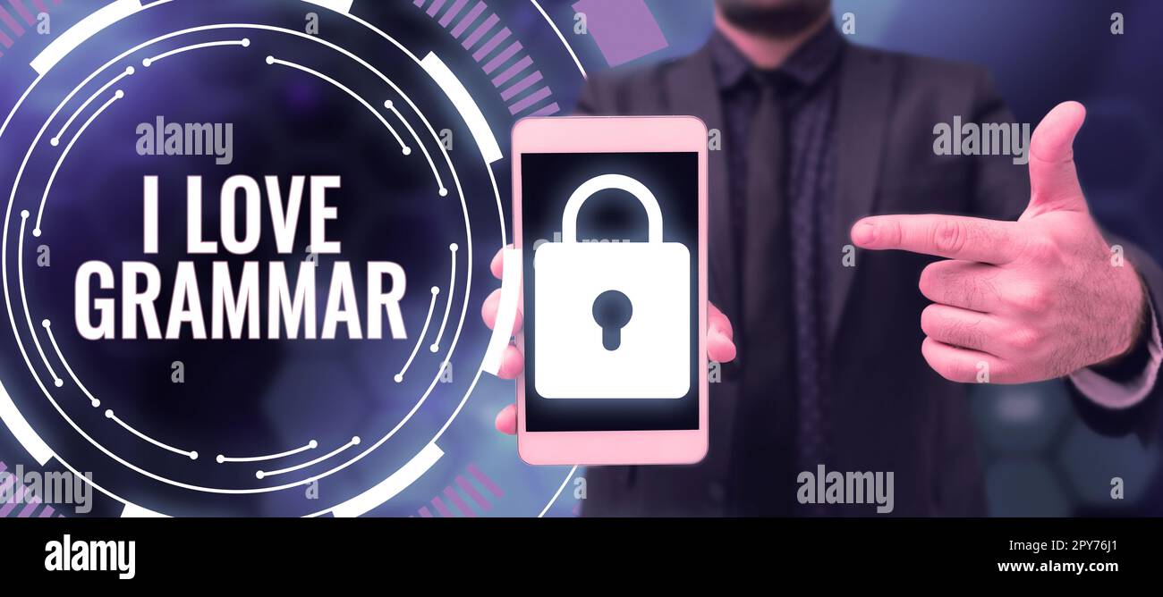 Handschrifttext I Love Grammar. Geschäftsbegriffshandlung des Bewunderungssystems und der Sprachstruktur Stockfoto