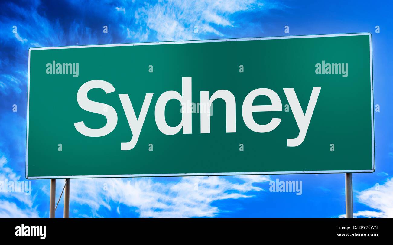 Straßenschild mit Hinweis auf den Eingang zur Stadt Sydney Stockfoto