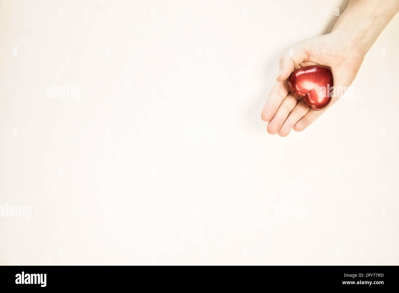 Frau mit rotem Herz in den Händen auf hellem farbigem Hintergrund, Kopierbereich von oben, Liebe, Romantik, Muttertag, Valentinstag, weiche Farbfamilie Stockfoto