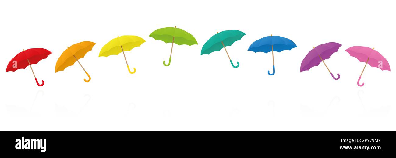 Farbenfrohe Regenschirme – regenbogenfarbene, offene Kollektion, die bei jedem Wetter Glück schafft, egal ob es regnet oder schneit. Illustration. Stockfoto
