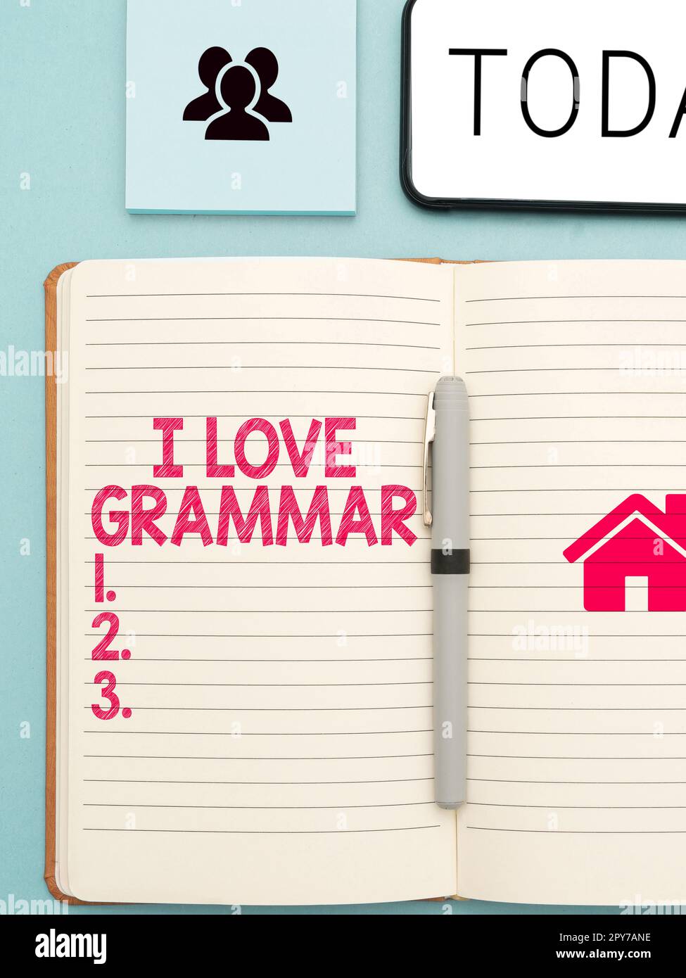 Schreiben mit Text „I Love Grammar“. Ubersichtsarbeit über Bewunderungssystem und Sprachstruktur Stockfoto