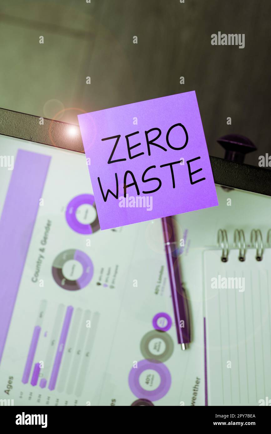 Handschrift Schild Null Abfall. Das Konzept der industriellen Verantwortung umfasst Kompostierung, Recycling und Wiederverwendung Stockfoto