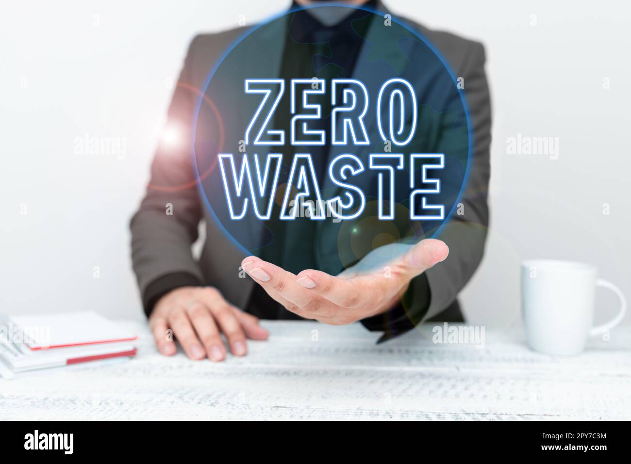 Text mit Inspiration Null Verschwendung. Geschäftskonzept industrielle Verantwortung umfasst Kompostierung, Recycling und Wiederverwendung Stockfoto