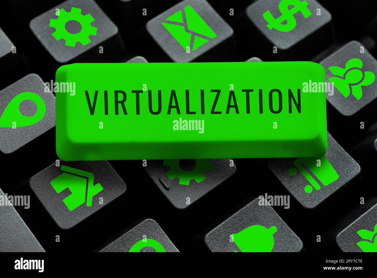 Schild mit Anzeige der Virtualisierung. Wort für die Anwendung virtueller Umgebungen auf Computerspiele Stockfoto