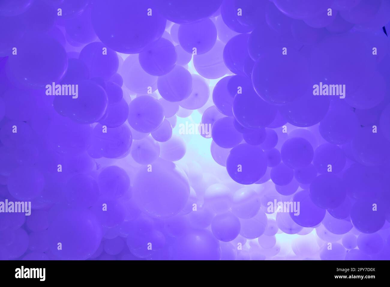 Violetter Hintergrund mit fliegenden Ballons – klares Design, abstraktes realistisches 3D-Banner. Stockfoto