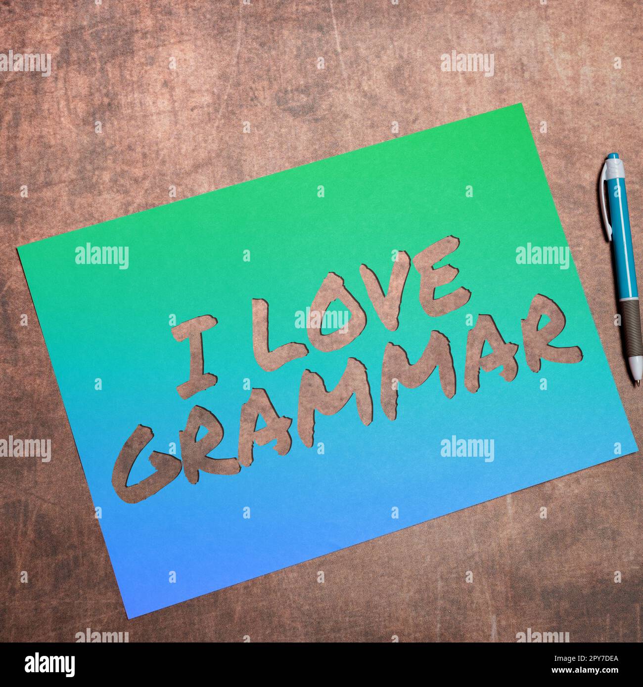 Schreiben mit Text „I Love Grammar“. Ubersichtsarbeit über Bewunderungssystem und Sprachstruktur Stockfoto