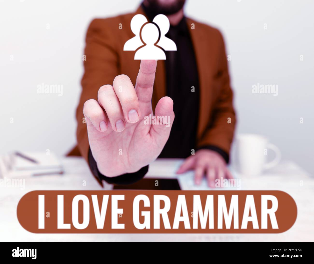 Konzeptionelle Darstellung Ich liebe Grammatik. Internetbegriffshandlung des Bewunderungssystems und der Sprachstruktur Stockfoto