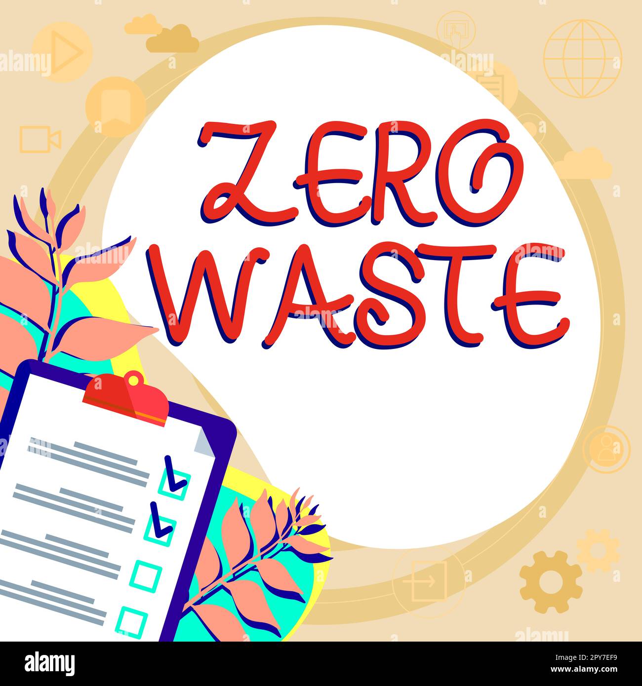 Inspiration mit dem Schild „Null Abfall“. Das Wort zur industriellen Verantwortung umfasst Kompostierung, Recycling und Wiederverwendung Stockfoto