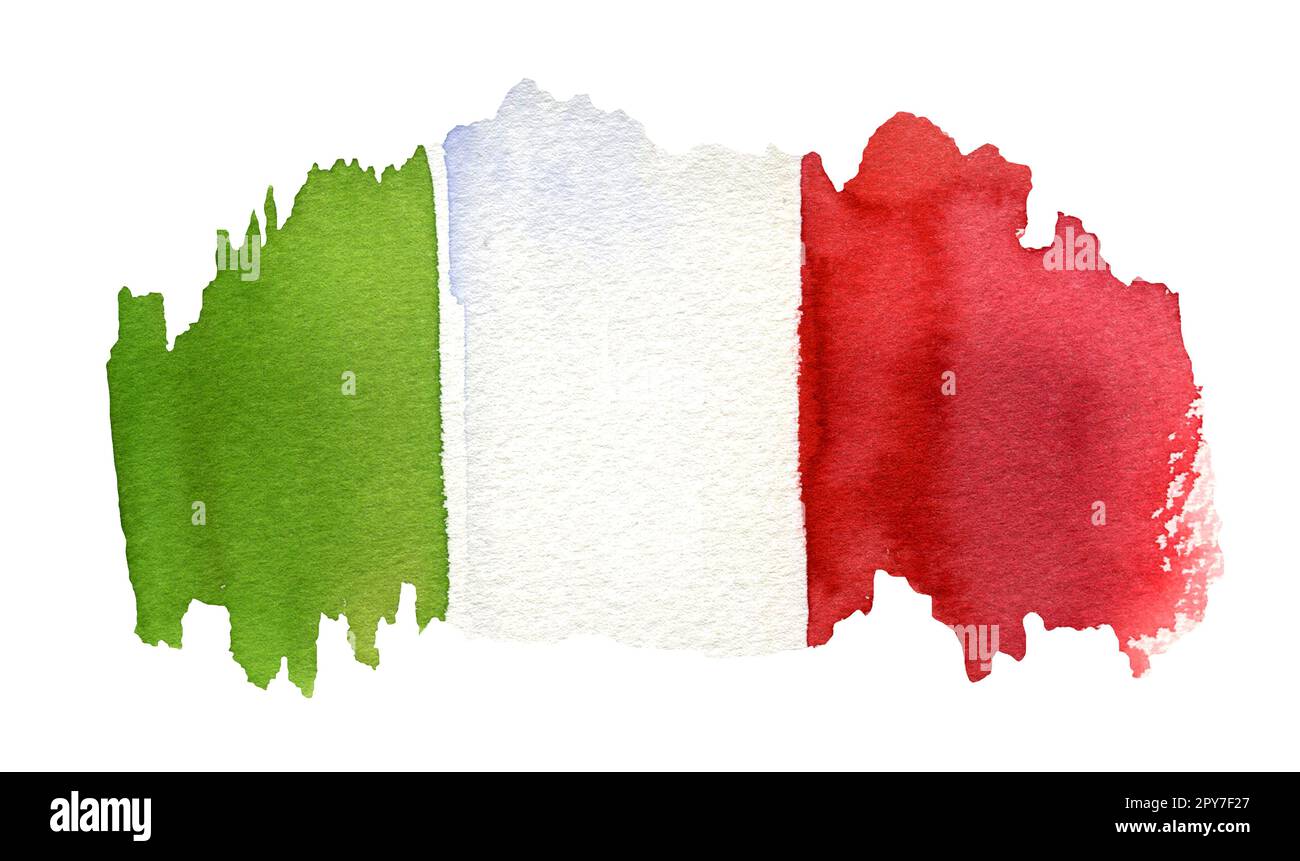 Aquarell Darstellung der italienischen Flagge, handgezeichnete Skizze isoliert auf weißem Hintergrund. Stockfoto