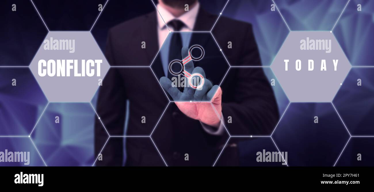 Textbeschriftung, die einen Konflikt darstellt. Geschäftsidee, die sich mit jemandem über Ziele oder Ziele nicht einig ist Stockfoto
