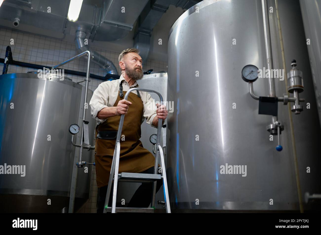 Man Brewer steigt Leiter gegen Metallbehälter in der Bierfabrik auf Stockfoto