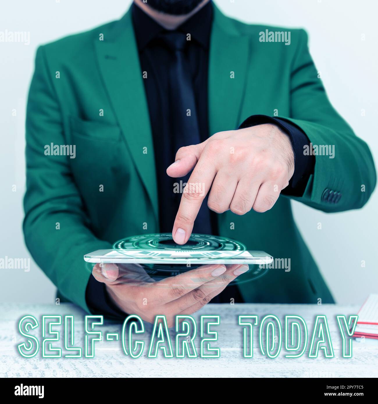 Handschriftlicher Text Self Care Today. Geschäftsansatz die Praxis, Maßnahmen zu ergreifen, um die eigene Gesundheit zu verbessern Stockfoto