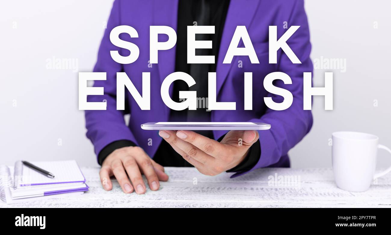 Die konzeptionelle Darstellung spricht Englisch. Word für Studium einer anderen Fremdsprache Online-verbale Kurse Stockfoto