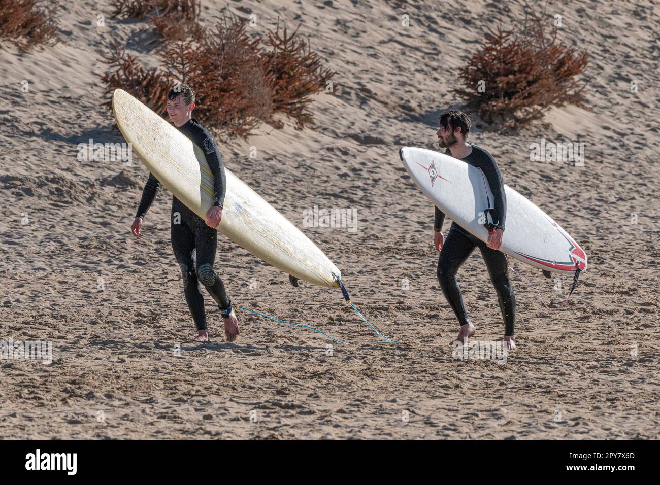 Zwei glückliche männliche Surfer tragen ihre Surfbretter nach einem Surfkurs im Fistral in Newquay in Cornwall, Großbritannien. Stockfoto