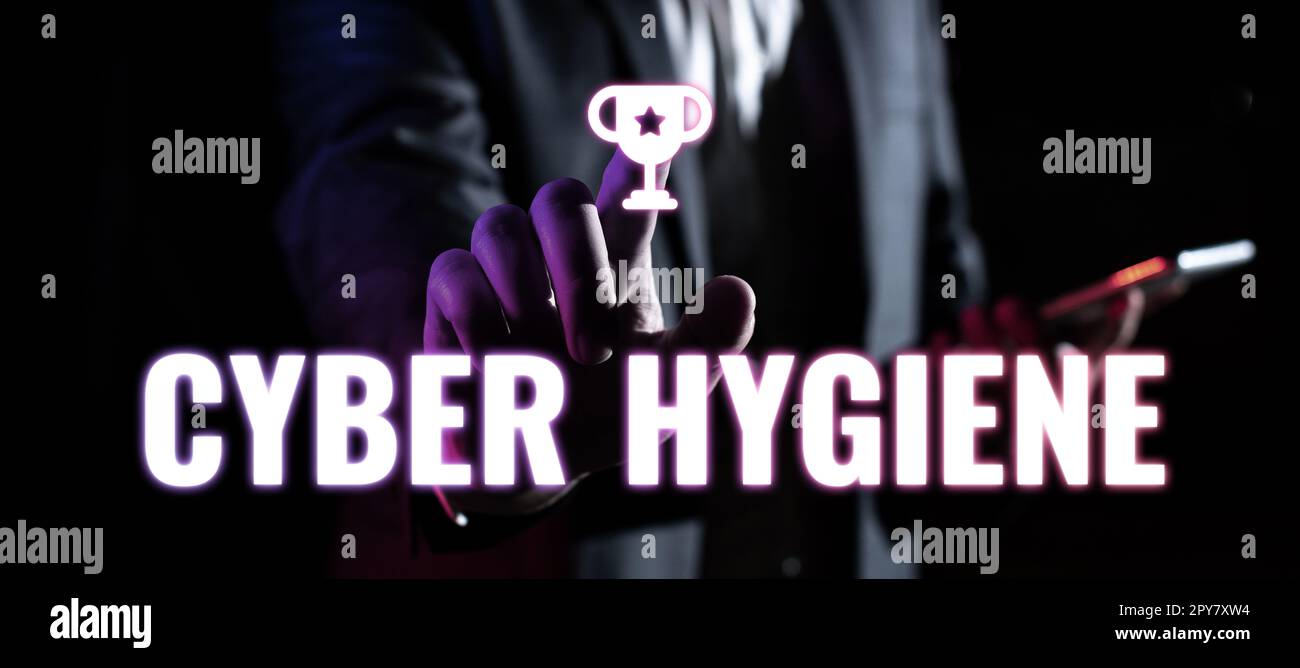 Konzeptunterschrift Cyber Hygiene. Internetkonzept Schritte, die Computerbenutzer Unternehmen, um ihre Cyber-Sicherheit zu verbessern Stockfoto